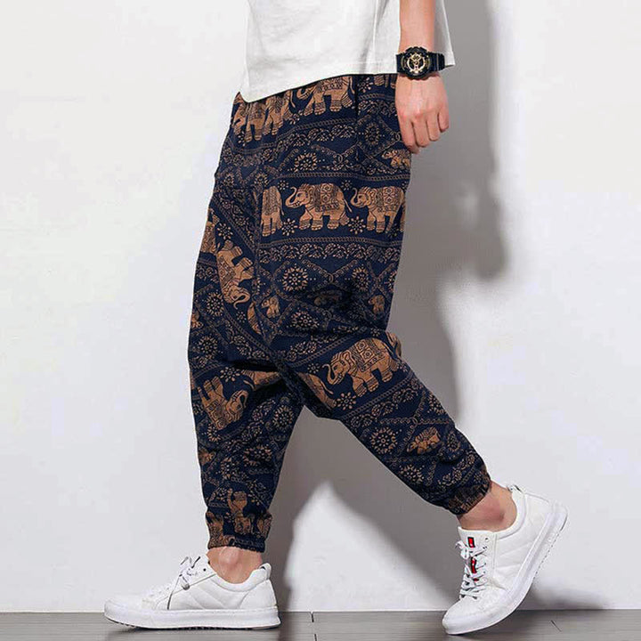 Buddha Stones Elephant Brown Black Print Men's Long Cropped Harem Pants With Pockets - image 5