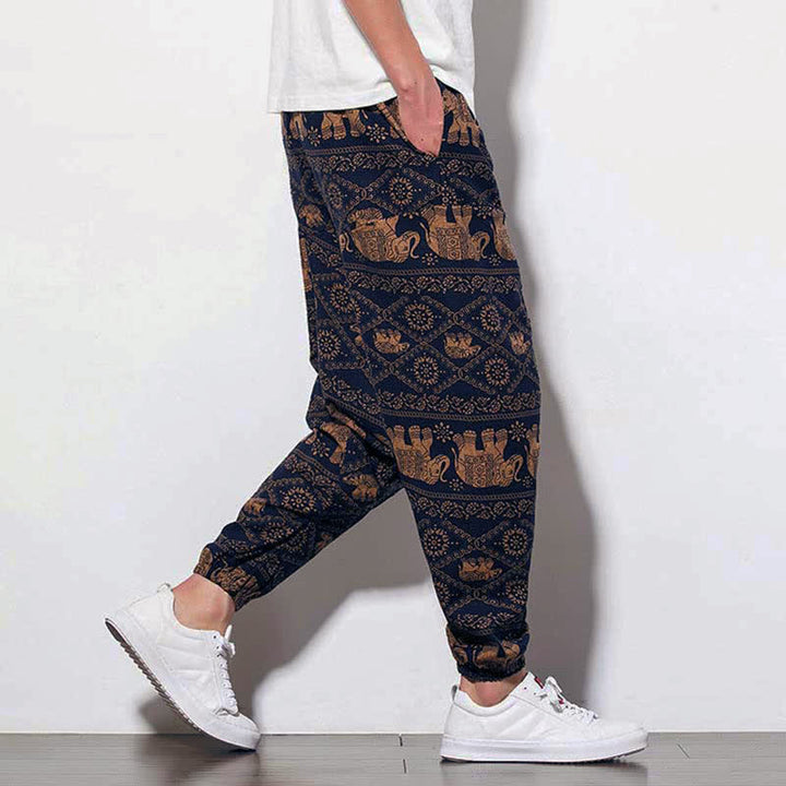 Buddha Stones Elephant Brown Black Print Men's Long Cropped Harem Pants With Pockets - image 4