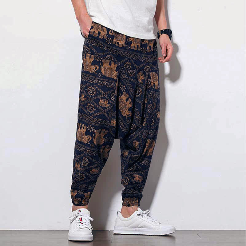 Buddha Stones Elephant Brown Black Print Men's Long Cropped Harem Pants With Pockets - image 8