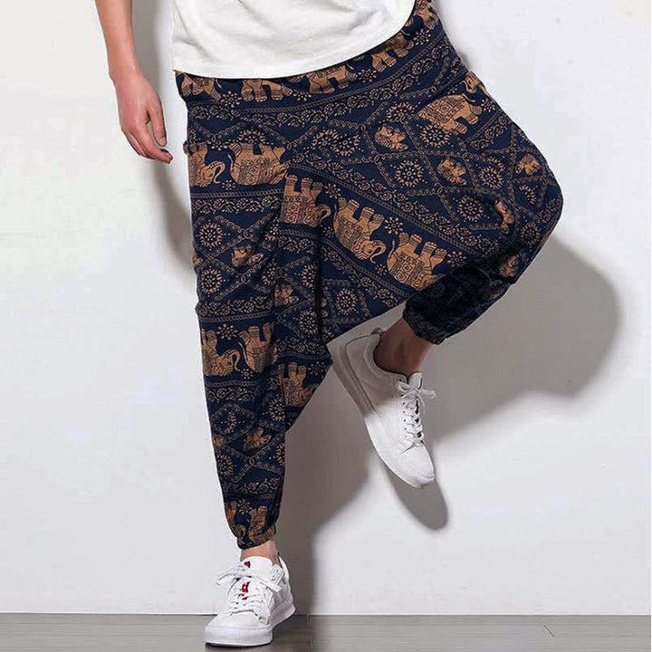 Buddha Stones Elephant Brown Black Print Men's Long Cropped Harem Pants With Pockets - image 7