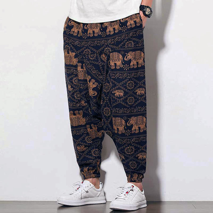 Buddha Stones Elephant Brown Black Print Men's Long Cropped Harem Pants With Pockets - image 3
