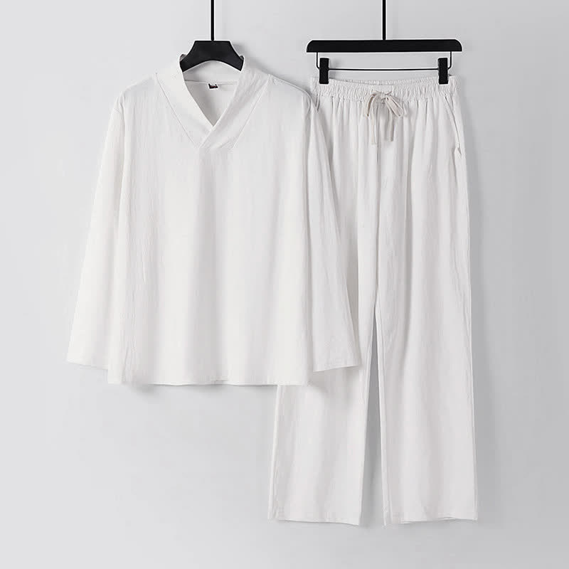 Buddha Stones Cross-Collars Cotton Linen Tang Suit Hanfu Top Pants Clothing Men's Set - White - US/UK/AU54，EU64 (9XL) - image 13