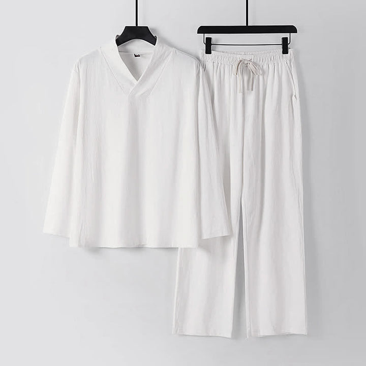 Buddha Stones Cross-Collars Cotton Linen Tang Suit Hanfu Top Pants Clothing Men's Set - White - US/UK/AU54，EU64 (9XL) - image 13