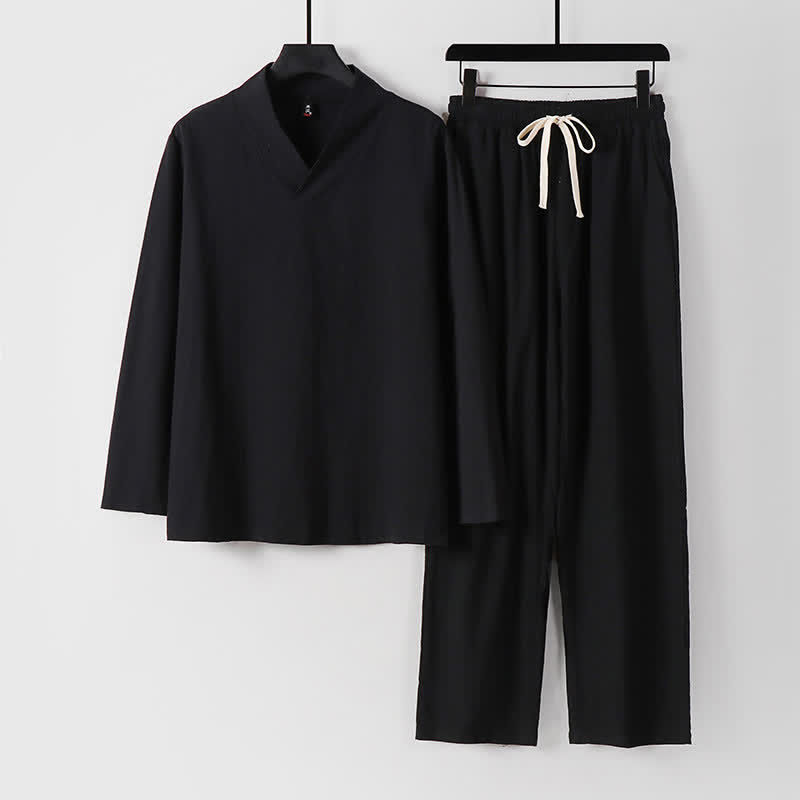 Buddha Stones Cross-Collars Cotton Linen Tang Suit Hanfu Top Pants Clothing Men's Set - Black - US/UK/AU54，EU64 (9XL) - image 3
