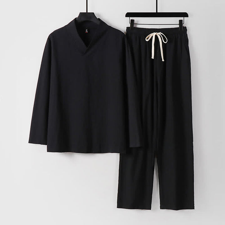 Buddha Stones Cross-Collars Cotton Linen Tang Suit Hanfu Top Pants Clothing Men's Set - Black - US/UK/AU54，EU64 (9XL) - image 3