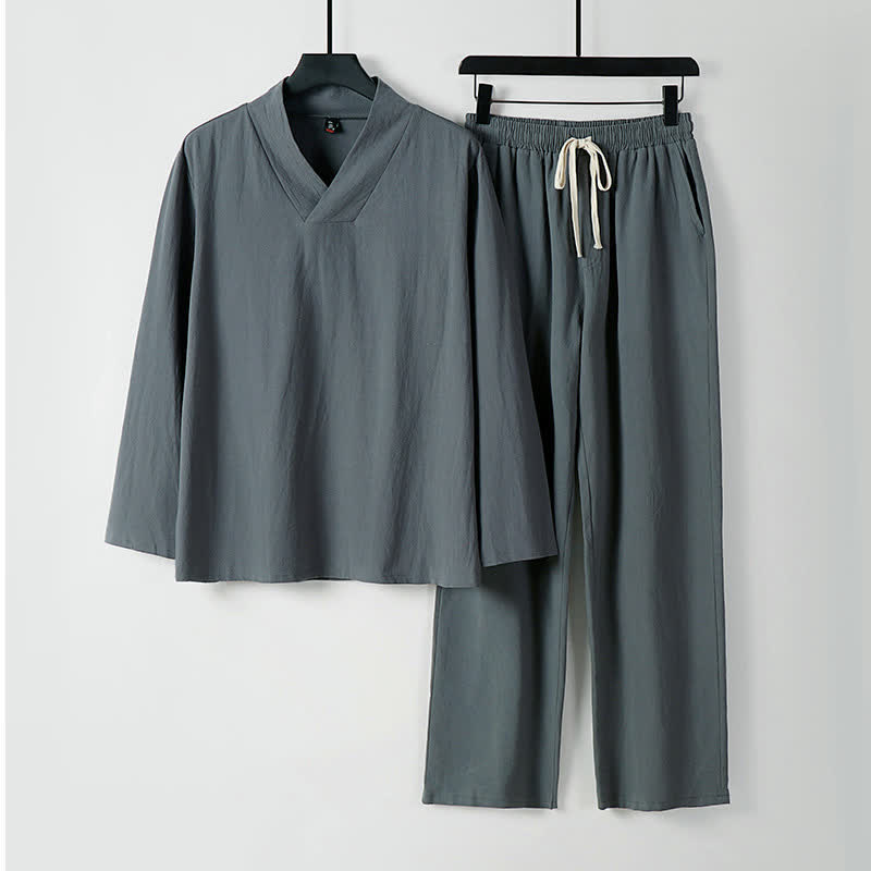 Buddha Stones Cross-Collars Cotton Linen Tang Suit Hanfu Top Pants Clothing Men's Set - Gray - US/UK/AU54，EU64 (9XL) - image 0