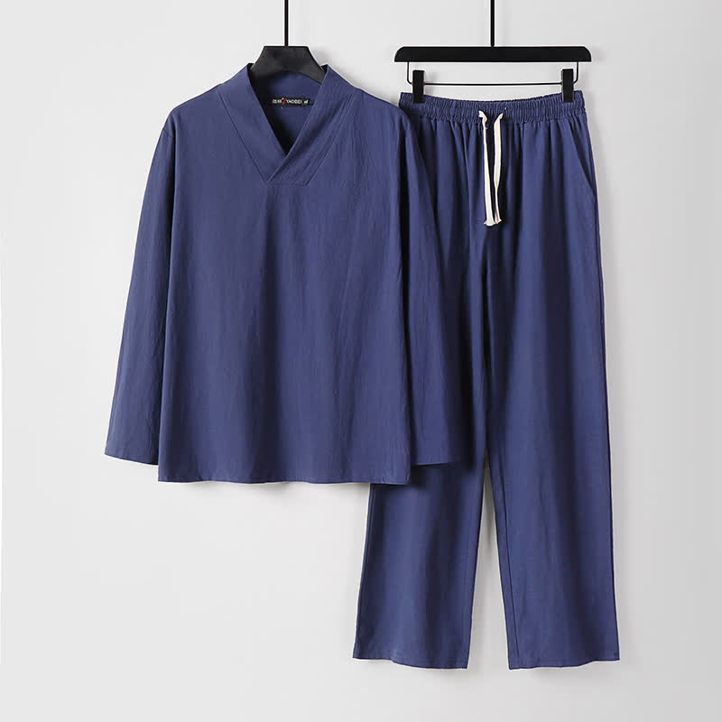 Buddha Stones Cross-Collars Cotton Linen Tang Suit Hanfu Top Pants Clothing Men's Set - DarkSlateBlue - US/UK/AU54，EU64 (9XL) - image 23