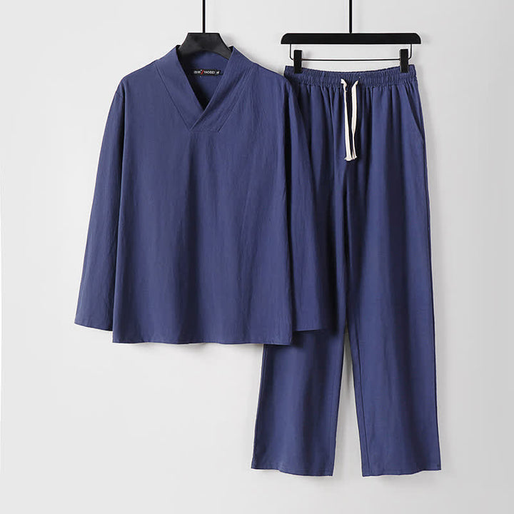 Buddha Stones Cross-Collars Cotton Linen Tang Suit Hanfu Top Pants Clothing Men's Set - DarkSlateBlue - US/UK/AU54，EU64 (9XL) - image 23