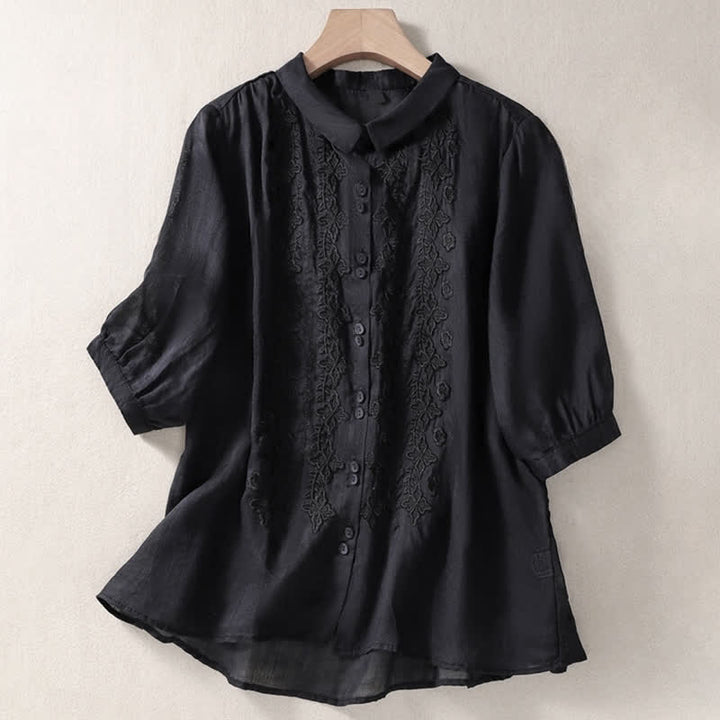 Buddha Stones Summer Plain Button Embroidery Flower Pattern Three Quarter Sleeve Lapel Women's Shirt - Black - US12，UK/AU16，EU44 (2XL) - image 26
