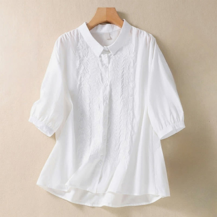 Buddha Stones Summer Plain Button Embroidery Flower Pattern Three Quarter Sleeve Lapel Women's Shirt - White - US12，UK/AU16，EU44 (2XL) - image 5
