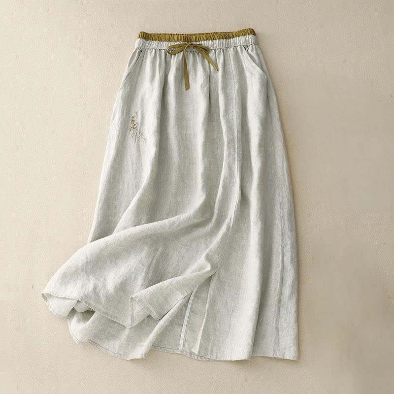 Buddha Stones Vintage Solid Embroidery Drawstring Women's Skirt With Pockets - Beige - US8-10，UK/AU12-14，EU40-42 (2XL) - image 6