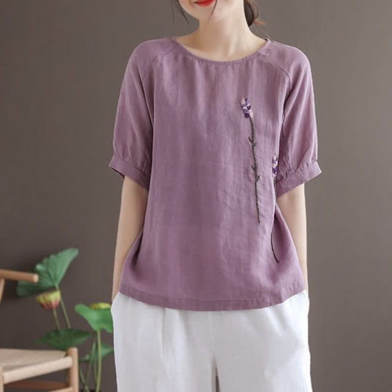 Buddha Stones Summer Vintage Embroidered Flower Pattern Women's Crew Neck Design T-Shirt - image 2