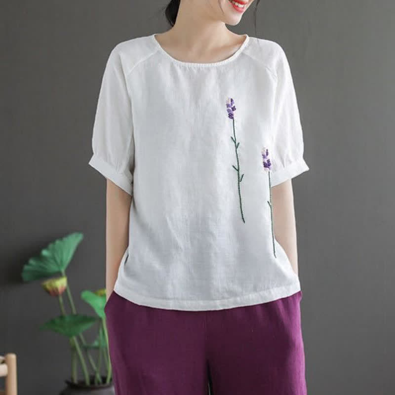 Buddha Stones Summer Vintage Embroidered Flower Pattern Women's Crew Neck Design T-Shirt - White - US8-10，UK/AU12-14，EU40-42 (2XL) - image 11