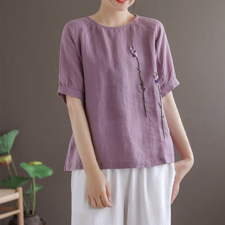 Buddha Stones Summer Vintage Embroidered Flower Pattern Women's Crew Neck Design T-Shirt - image 3