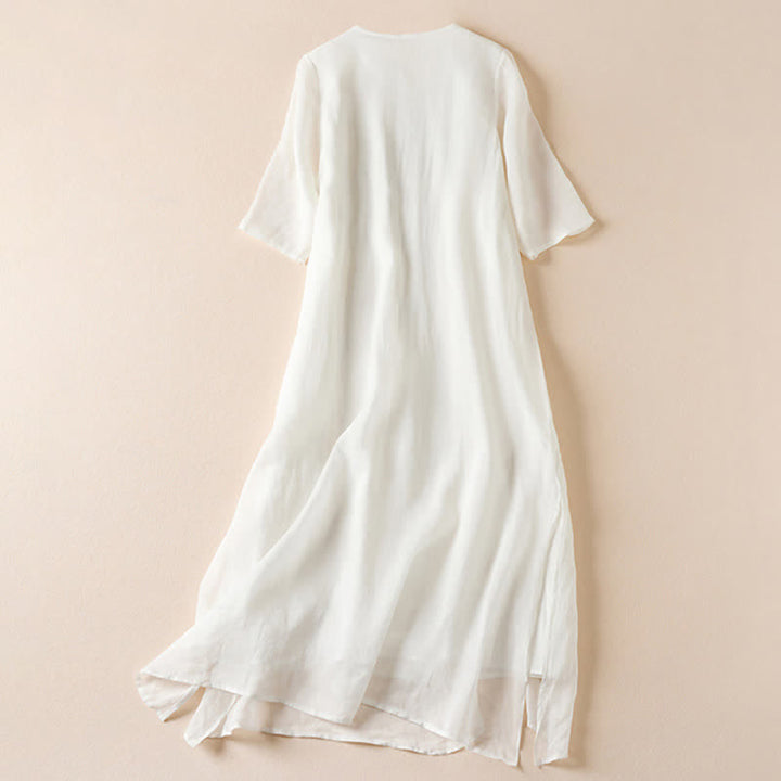 Buddha Stones Embroidered Leaf Crew Neck Half Sleeve Fiber Midi Dress - image 8