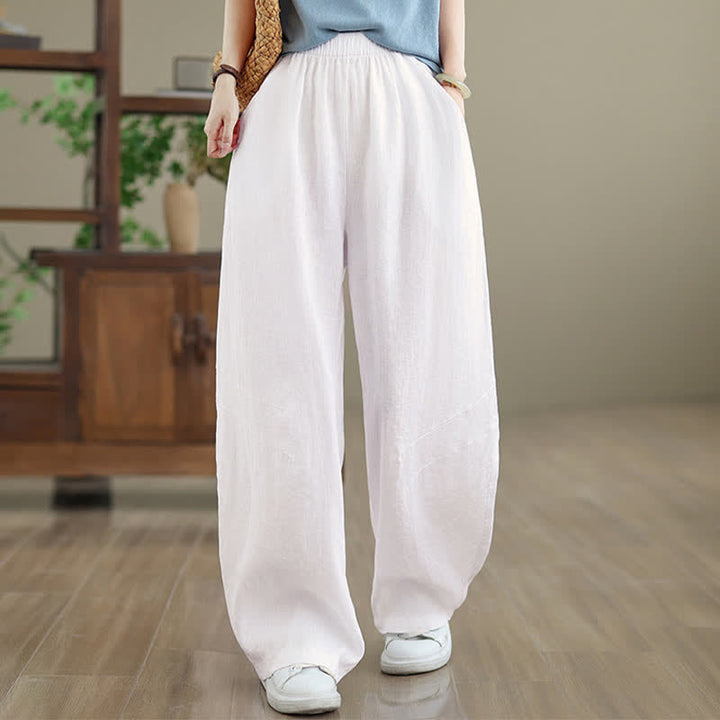 Buddha Stones Casual Plain Cotton Women's Wide Leg Pants With Pockets - White - US12，UK/AU16，EU44 (3XL) - image 18