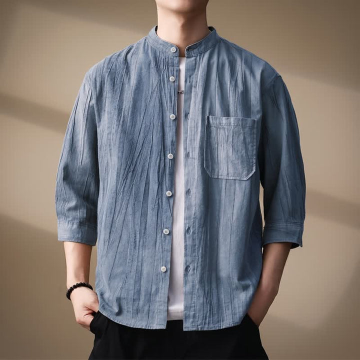 Buddha Stones Spring Summer Casual Mandarin Collar Solid Cotton Men's Long Sleeve Shirts With Patch Pocket - LightBlue - US/UK/AU44，EU54 (4XL) - image 8