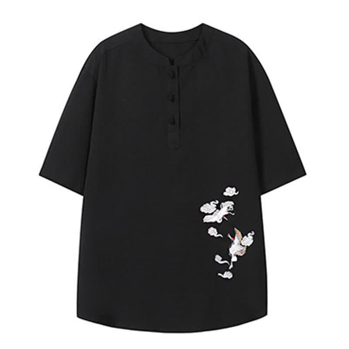 Buddha Stones Summer Tang Style Casual Mandarin Collar Embroidery Crane Men's Short Sleeve Shirts - image 15