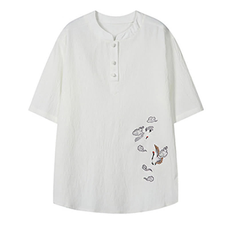 Buddha Stones Summer Tang Style Casual Mandarin Collar Embroidery Crane Men's Short Sleeve Shirts - image 3