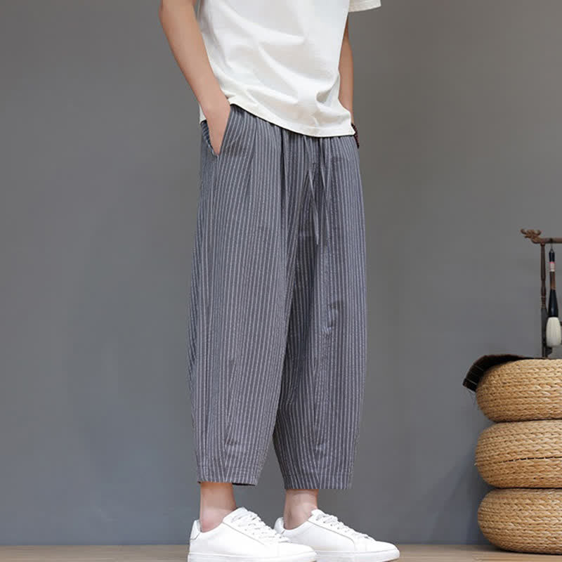 Buddha Stones Summer Casual Minimalist Drawstring Striped Cotton Linen Capri Pants Men's Tapered Pants With Pocket - image 1