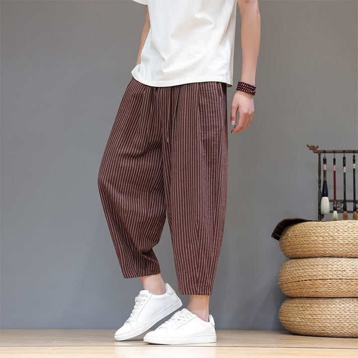 Buddha Stones Summer Casual Minimalist Drawstring Striped Cotton Linen Capri Pants Men's Tapered Pants With Pocket - image 23