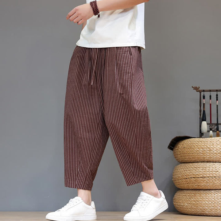 Buddha Stones Summer Casual Minimalist Drawstring Striped Cotton Linen Capri Pants Men's Tapered Pants With Pocket - Sienna - US/UK/AU46, EU56 (5XL) - image 17