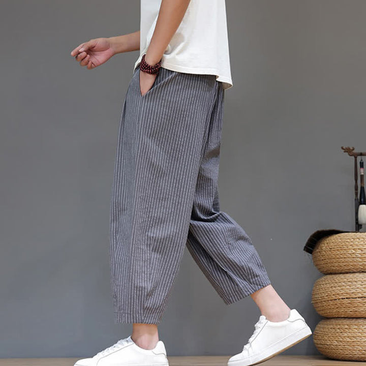 Buddha Stones Summer Casual Minimalist Drawstring Striped Cotton Linen Capri Pants Men's Tapered Pants With Pocket - image 6
