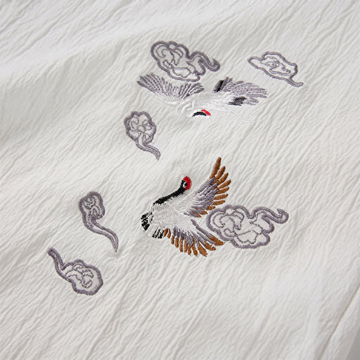 Buddha Stones Summer Tang Style Casual Mandarin Collar Embroidery Crane Men's Short Sleeve Shirts - image 9