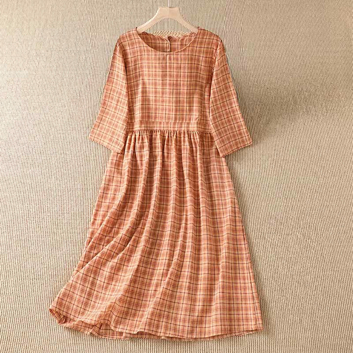 Buddha Stones Summer Casual Vintage Plaid Women's Three-Quarter Sleeve Dress With Pocket - SandyBrown - US12, UK/AU16, EU44 (2XL) - image 0
