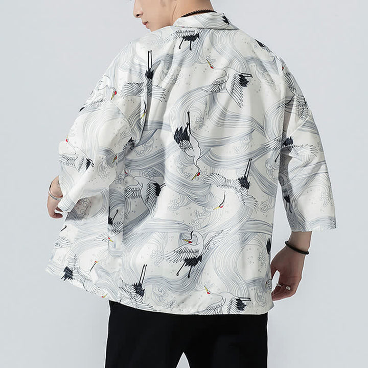 Buddha Stones Summer Casual Vintage Open Front Crane Wave Print Men's Kimonos - image 14