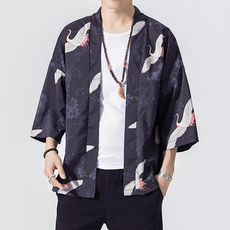 Buddha Stones Summer Casual Vintage Open Front Crane Wave Print Men's Kimonos - Navy - US/UK/AU46, EU56 (5XL) - image 3