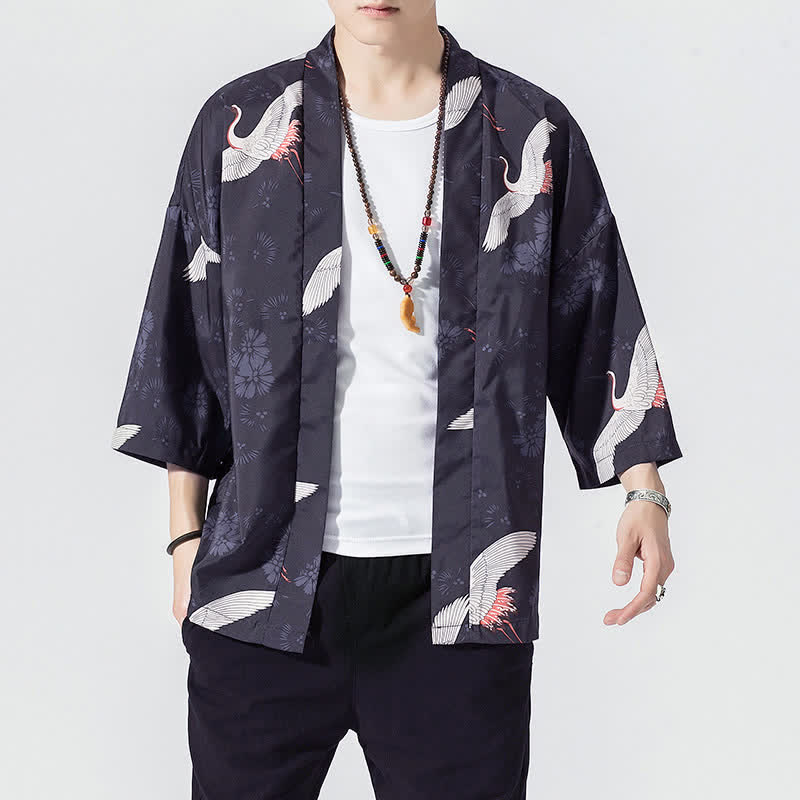 Buddha Stones Summer Casual Vintage Open Front Crane Wave Print Men's Kimonos - image 4