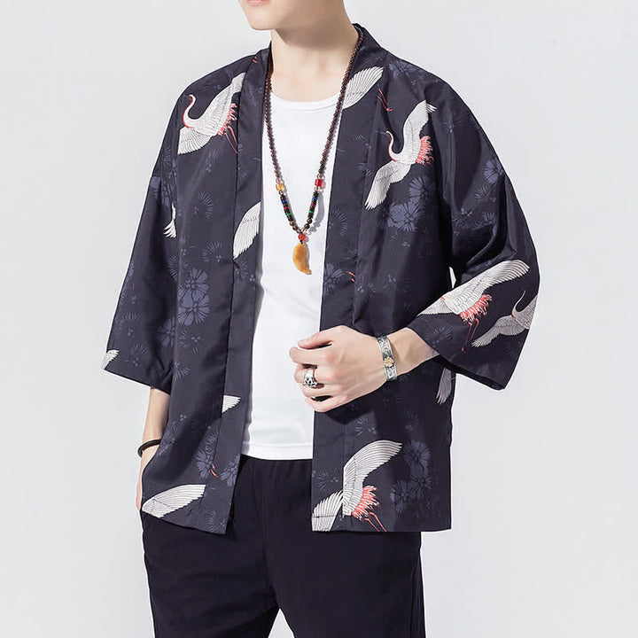 Buddha Stones Summer Casual Vintage Open Front Crane Wave Print Men's Kimonos - image 5
