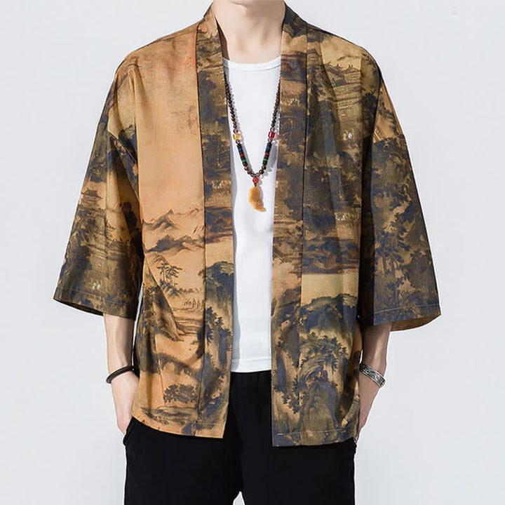 Buddha Stones Summer Casual Vintage Open Front Crane Wave Print Men's Kimonos - Peru - US/UK/AU46, EU56 (5XL) - image 7