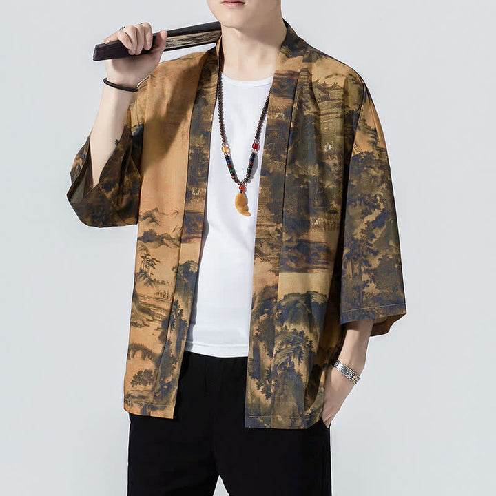 Buddha Stones Summer Casual Vintage Open Front Crane Wave Print Men's Kimonos - image 8