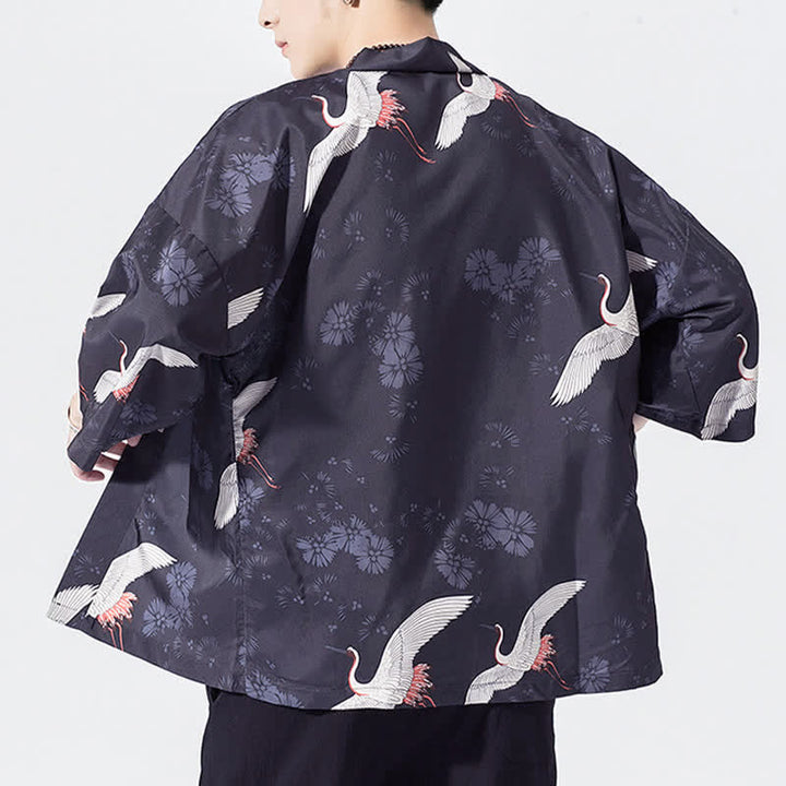 Buddha Stones Summer Casual Vintage Open Front Crane Wave Print Men's Kimonos - image 6