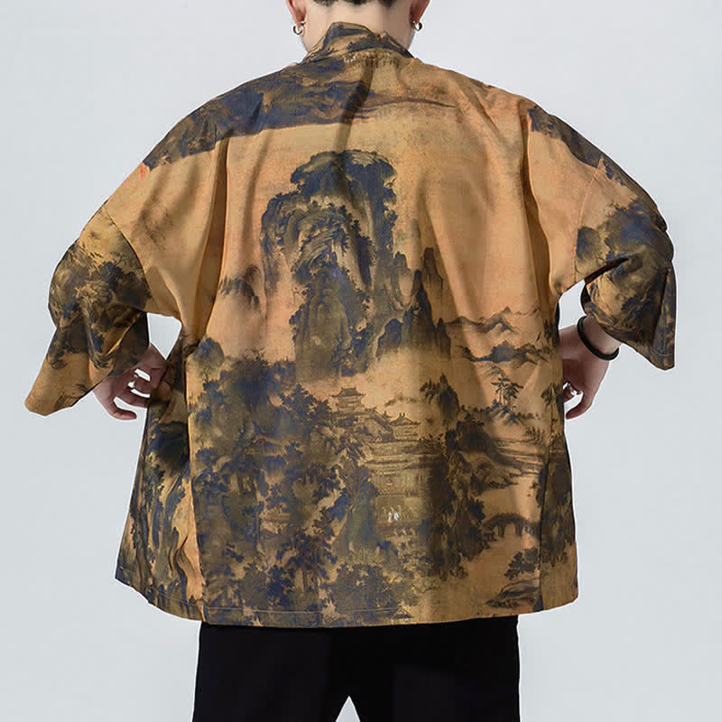 Buddha Stones Summer Casual Vintage Open Front Crane Wave Print Men's Kimonos - image 9
