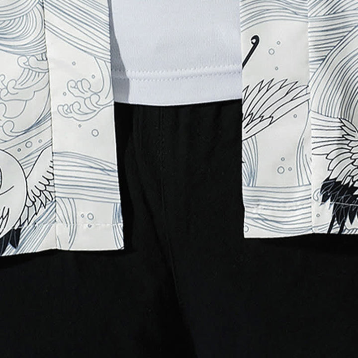 Buddha Stones Summer Casual Vintage Open Front Crane Wave Print Men's Kimonos - image 15
