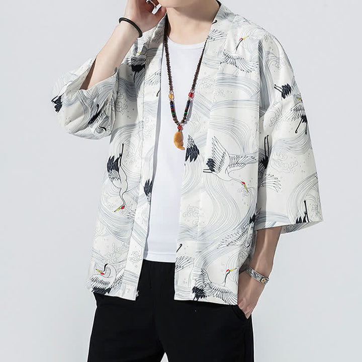 Buddha Stones Summer Casual Vintage Open Front Crane Wave Print Men's Kimonos - image 16