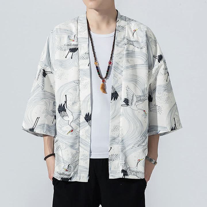Buddha Stones Summer Casual Vintage Open Front Crane Wave Print Men's Kimonos - White - US/UK/AU46, EU56 (5XL) - image 10