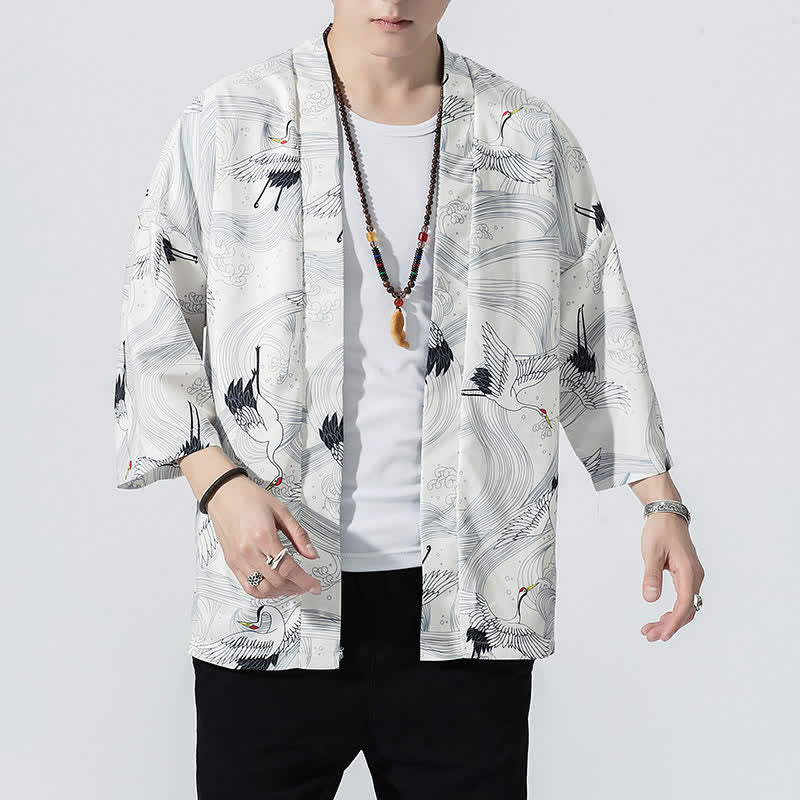Buddha Stones Summer Casual Vintage Open Front Crane Wave Print Men's Kimonos - image 11