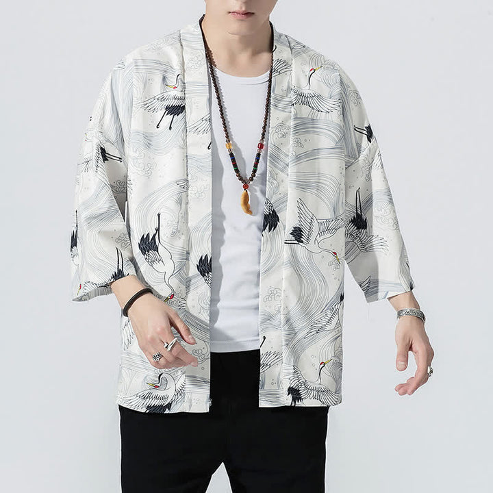 Buddha Stones Summer Casual Vintage Open Front Crane Wave Print Men's Kimonos - image 11