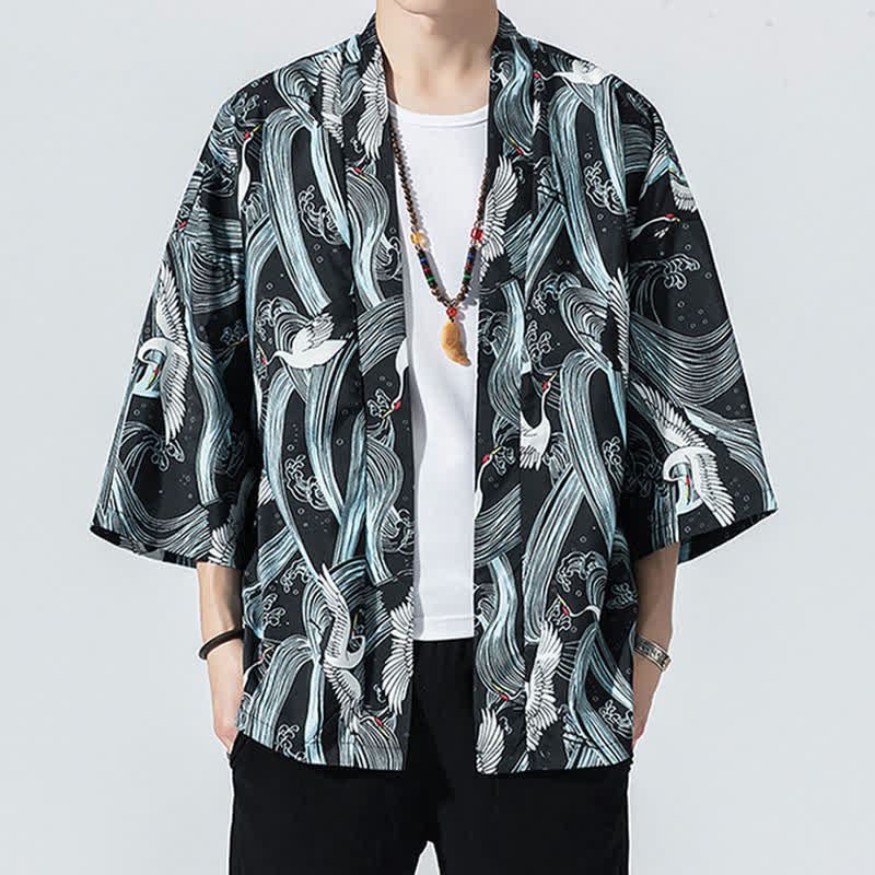 Buddha Stones Summer Casual Vintage Open Front Crane Wave Print Men's Kimonos - image 1