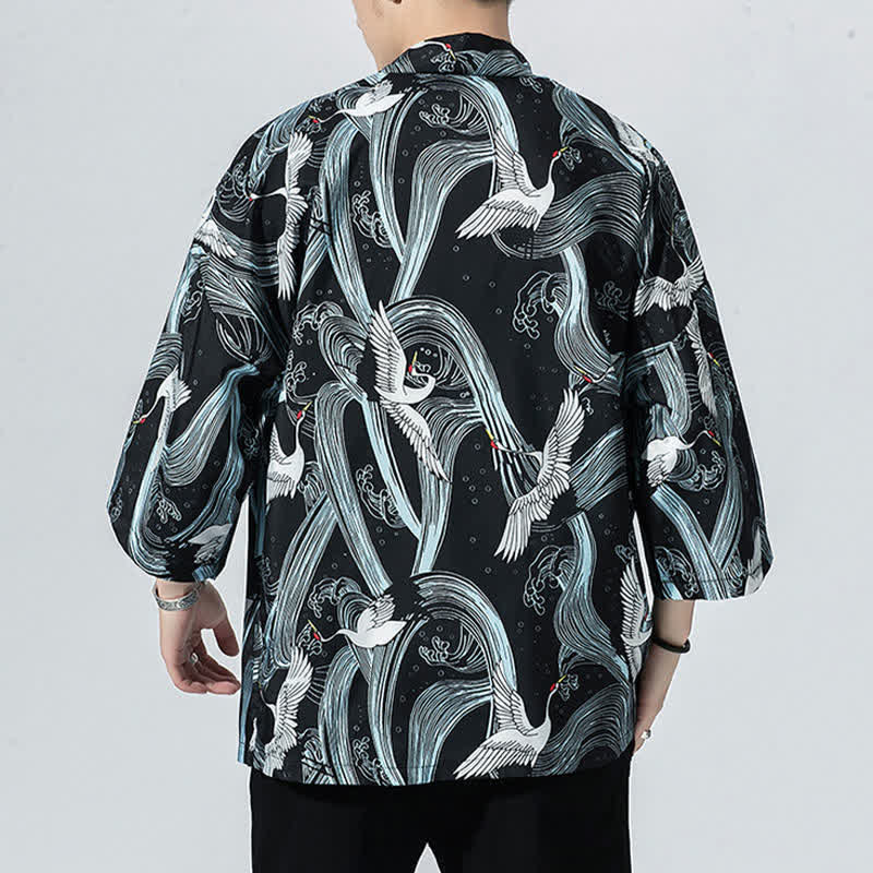 Buddha Stones Summer Casual Vintage Open Front Crane Wave Print Men's Kimonos - image 2