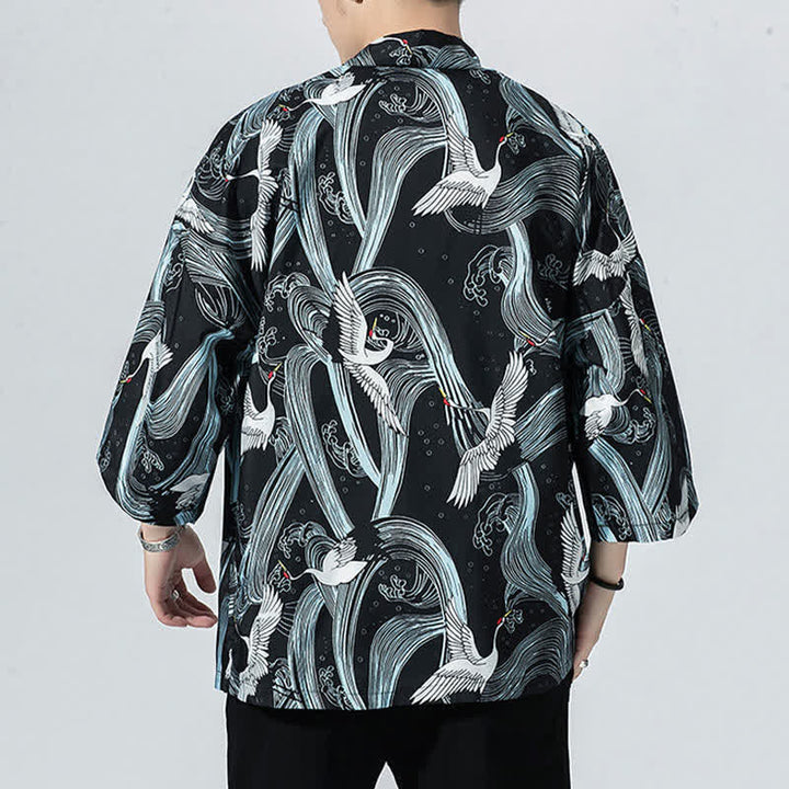 Buddha Stones Summer Casual Vintage Open Front Crane Wave Print Men's Kimonos - image 2