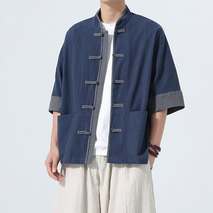 Buddha Stones Summer Casual Tang Style Frog Button Solid Cotton Men's Short Sleeve Shirts With Pocket - image 3