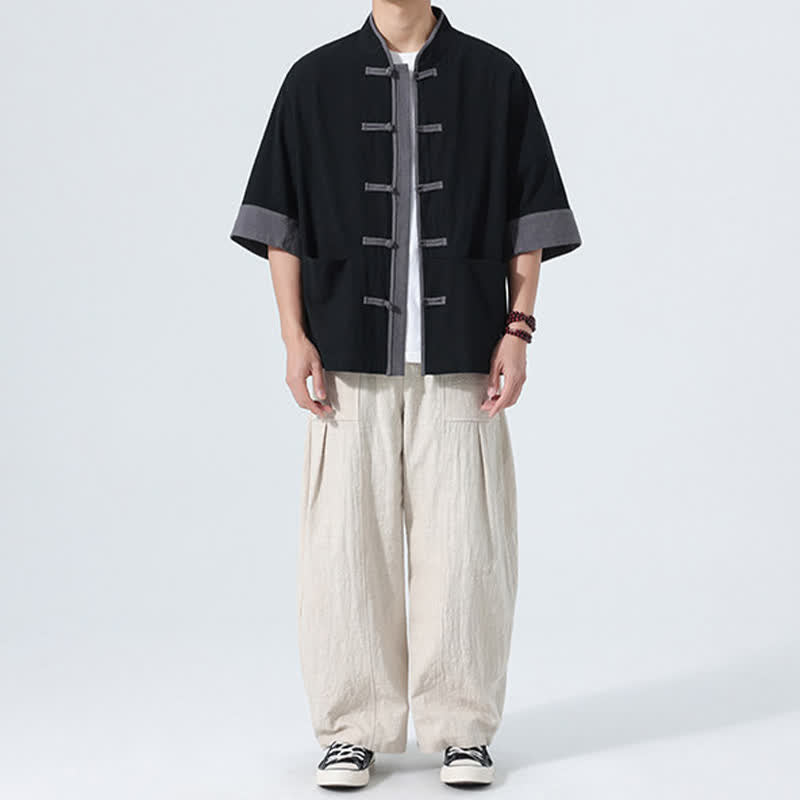 Buddha Stones Summer Casual Tang Style Frog Button Solid Cotton Men's Short Sleeve Shirts With Pocket - image 22