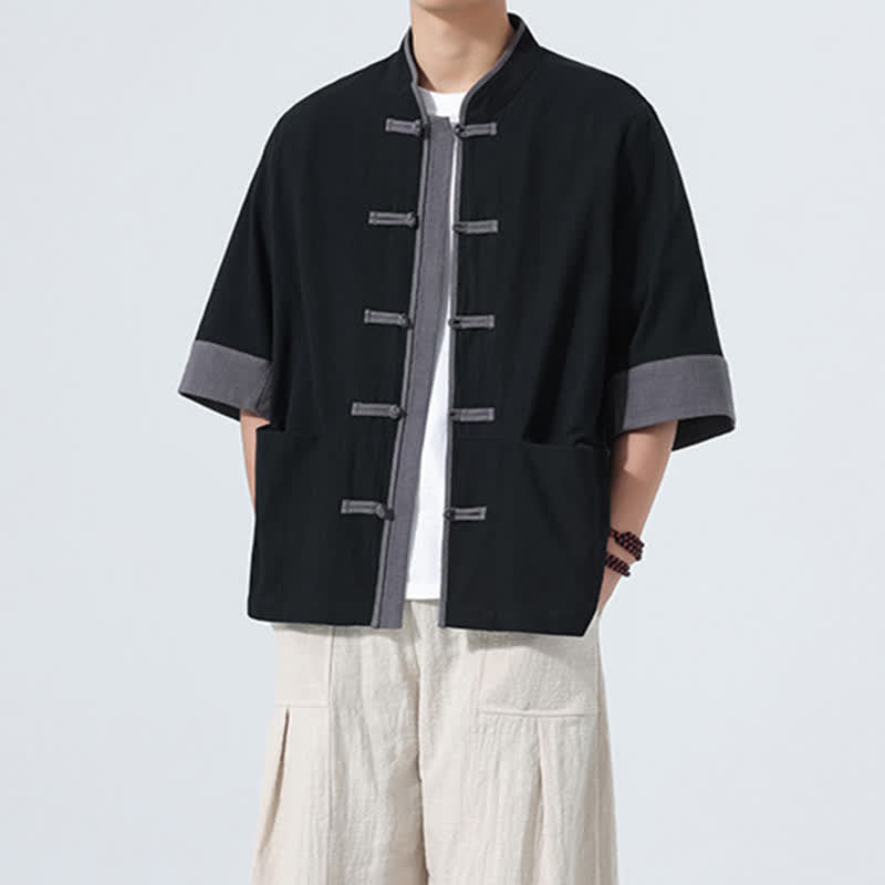 Buddha Stones Summer Casual Tang Style Frog Button Solid Cotton Men's Short Sleeve Shirts With Pocket - image 17