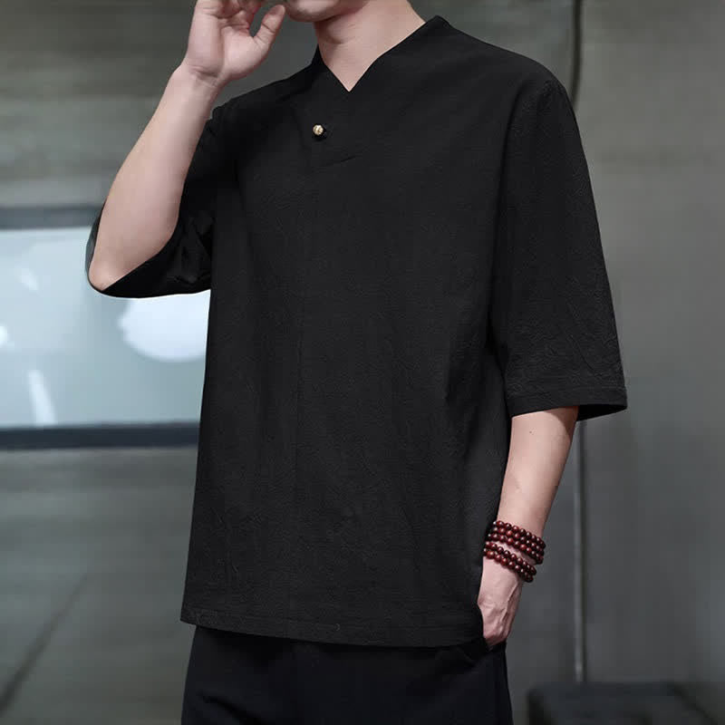 Buddha Stones Summer Casual Tang Style Mandarin Collar Solid Men's Short Sleeve Shirts - image 14