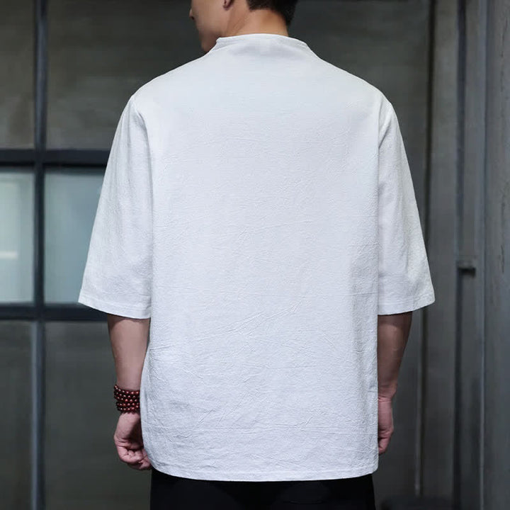 Buddha Stones Summer Casual Tang Style Mandarin Collar Solid Men's Short Sleeve Shirts - image 23